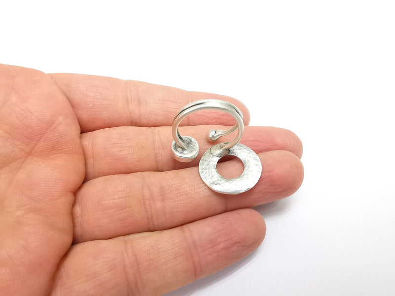 Silver Ring Setting, Cabochon Blank, Resin Bezel, Round Ring Mounting, Epoxy Frame Base, Adjustable Antique Silver Plated Brass 8mm G35226