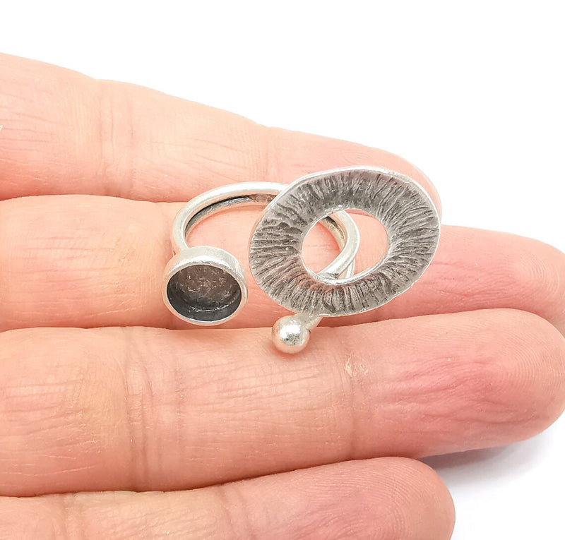 Silver Ring Setting, Cabochon Blank, Resin Bezel, Round Ring Mounting, Epoxy Frame Base, Adjustable Antique Silver Plated Brass 8mm G35226
