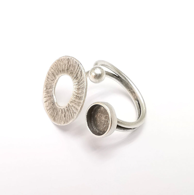 Silver Ring Setting, Cabochon Blank, Resin Bezel, Round Ring Mounting, Epoxy Frame Base, Adjustable Antique Silver Plated Brass 8mm G35226