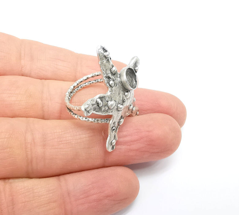 Starfish Ring Setting, Cabochon Blank, Resin Bezel, Round Ring Mounting, Epoxy Frame Base, Adjustable Antique Silver Plated Brass 6mm G35227