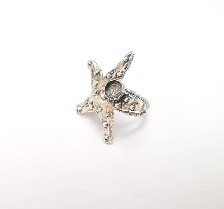 Starfish Ring Setting, Cabochon Blank, Resin Bezel, Round Ring Mounting, Epoxy Frame Base, Adjustable Antique Silver Plated Brass 6mm G35227