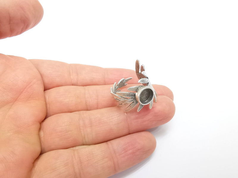 Leaf Ring Setting, Cabochon Blank, Resin Bezel, Round Ring Mounting, Epoxy Frame Base, Adjustable Antique Silver Plated Brass 8mm G35228