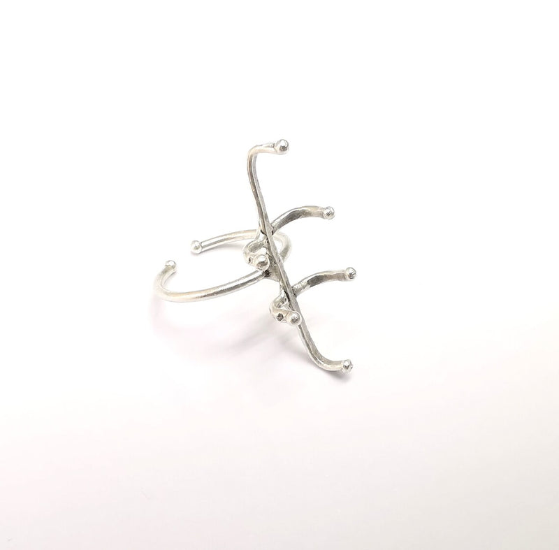 Silver Claw Ring Setting, Cabochon Blank, Resin Bezel, Oval Mounting, Claw Frame Base, Adjustable Antique Silver Plated Brass 30x10mm G35238