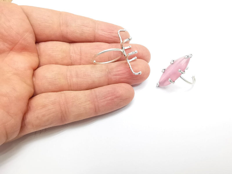 Silver Claw Ring Setting, Cabochon Blank, Resin Bezel, Oval Mounting, Claw Frame Base, Adjustable Antique Silver Plated Brass 30x10mm G35238