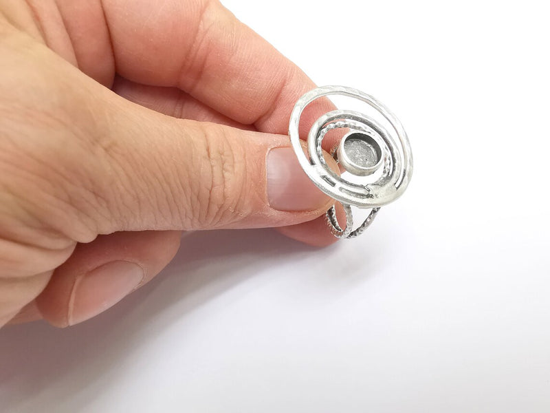 Circled Ring Setting, Cabochon Blank, Resin Bezel, Ring Mounting, Epoxy Frame, Adjustable Antique Silver Plated Brass 8mm G35239