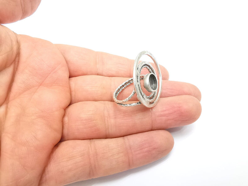 Circled Ring Setting, Cabochon Blank, Resin Bezel, Ring Mounting, Epoxy Frame, Adjustable Antique Silver Plated Brass 8mm G35239