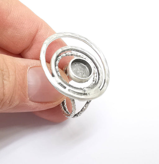 Circled Ring Setting, Cabochon Blank, Resin Bezel, Ring Mounting, Epoxy Frame, Adjustable Antique Silver Plated Brass 8mm G35239