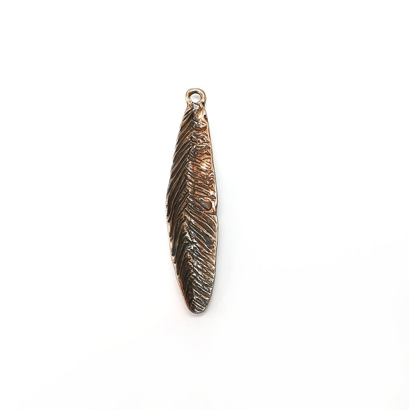 Feather Charms, Boho Charms, Leaf Charms, Dangle Earring Charms, Copper Pendant, Necklace Parts, Antique Copper Plated 51x10mm G35251