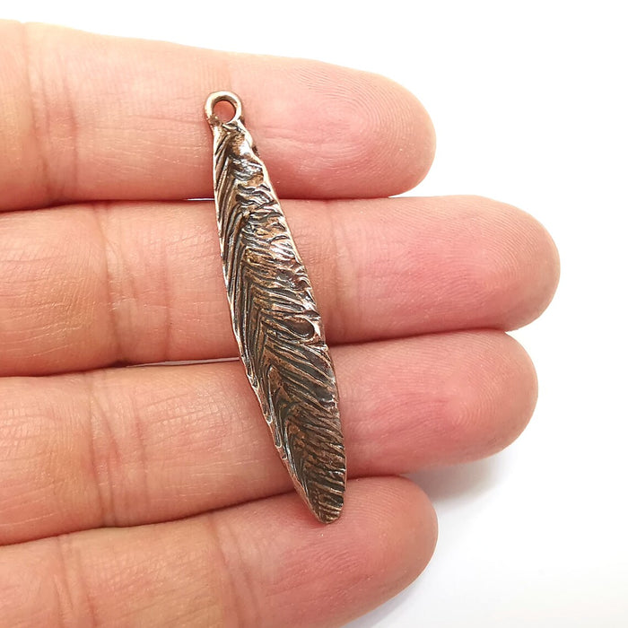 Feather Charms, Boho Charms, Leaf Charms, Dangle Earring Charms, Copper Pendant, Necklace Parts, Antique Copper Plated 51x10mm G35251