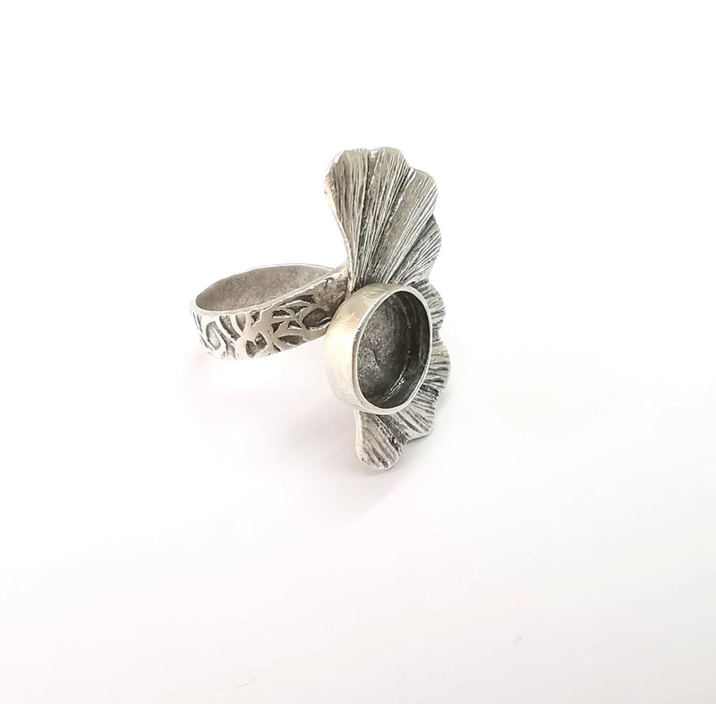 Leaf Ring Setting, Cabochon Blank, Resin Bezel, Round Ring Mounting, Epoxy Frame Base, Adjustable Antique Silver Plated Brass 10mm G35276