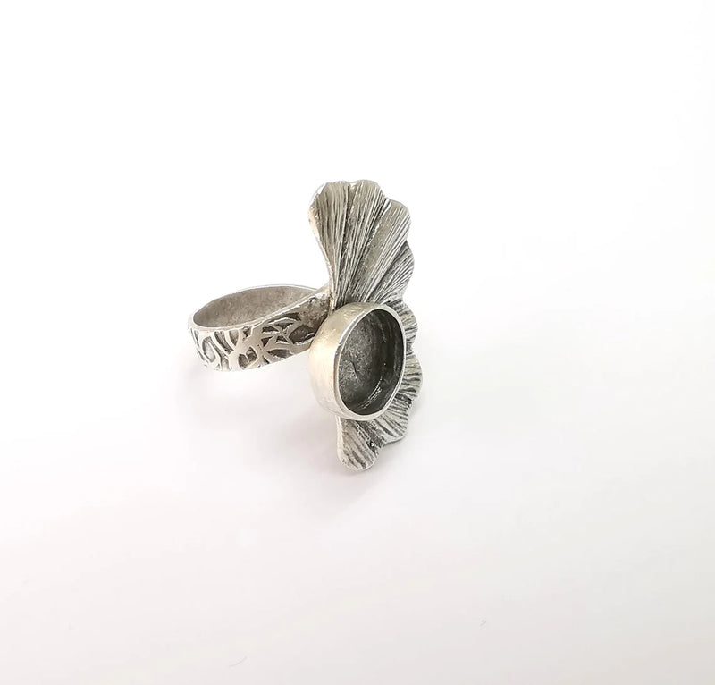Leaf Ring Setting, Cabochon Blank, Resin Bezel, Round Ring Mounting, Epoxy Frame Base, Adjustable Antique Silver Plated Brass 10mm G35276