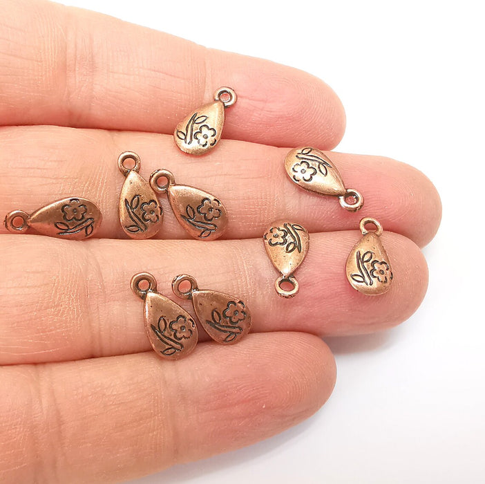 10 Copper Flower Charms, Boho Charms, Dangle Charms, Earring Charms, Rustic Charms, Necklace Parts, Antique Copper Plated 14x7mm G35360