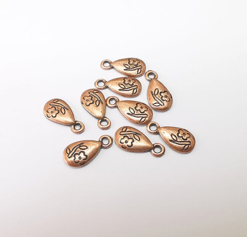 10 Copper Flower Charms, Boho Charms, Dangle Charms, Earring Charms, Rustic Charms, Necklace Parts, Antique Copper Plated 14x7mm G35360
