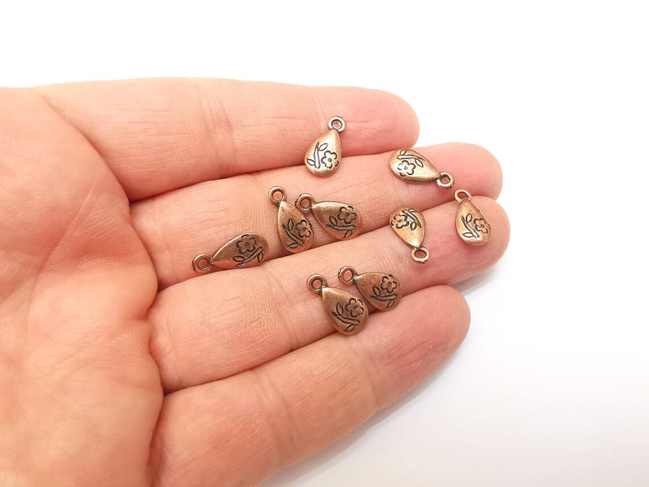 10 Copper Flower Charms, Boho Charms, Dangle Charms, Earring Charms, Rustic Charms, Necklace Parts, Antique Copper Plated 14x7mm G35360