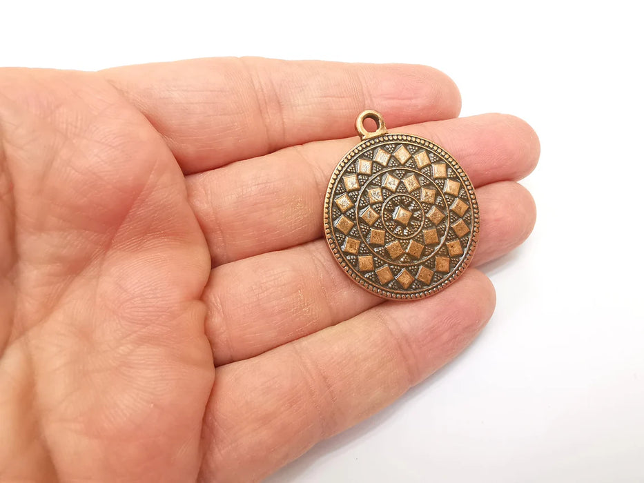 Copper Mandala Charms, Medallion Charms, Locket Pendant, Earring Charms, Boho Charms, Round Charms, Antique Copper Plated (39x32mm) G35378