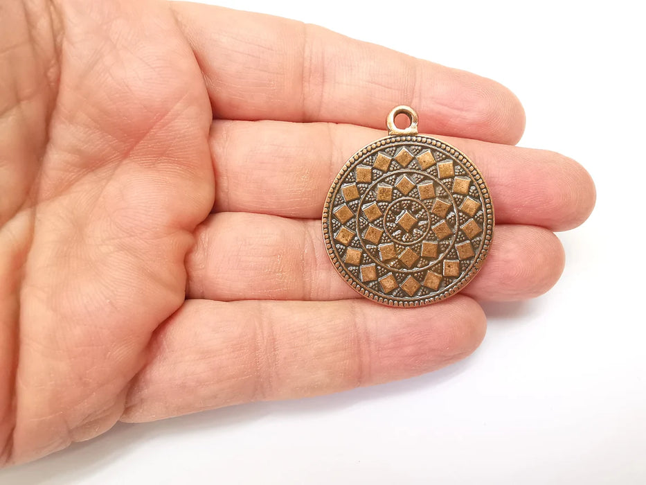 Copper Mandala Charms, Medallion Charms, Locket Pendant, Earring Charms, Boho Charms, Round Charms, Antique Copper Plated (39x32mm) G35378