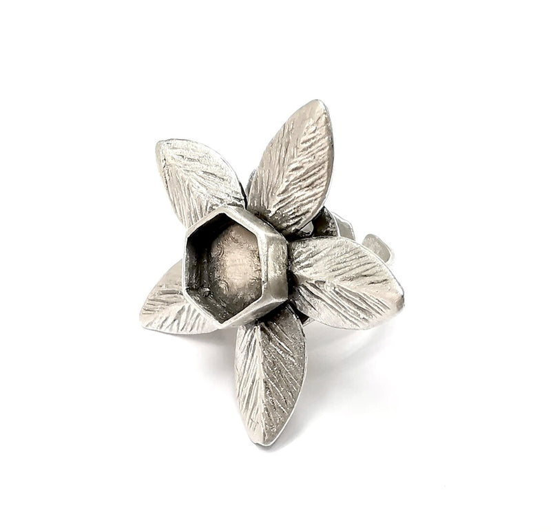 Leaf Silver Ring Setting, Cabochon Blank, Resin Bezel, Round Ring Mounting, Epoxy Frame Base, Adjustable Antique Silver Brass 10mm G35374