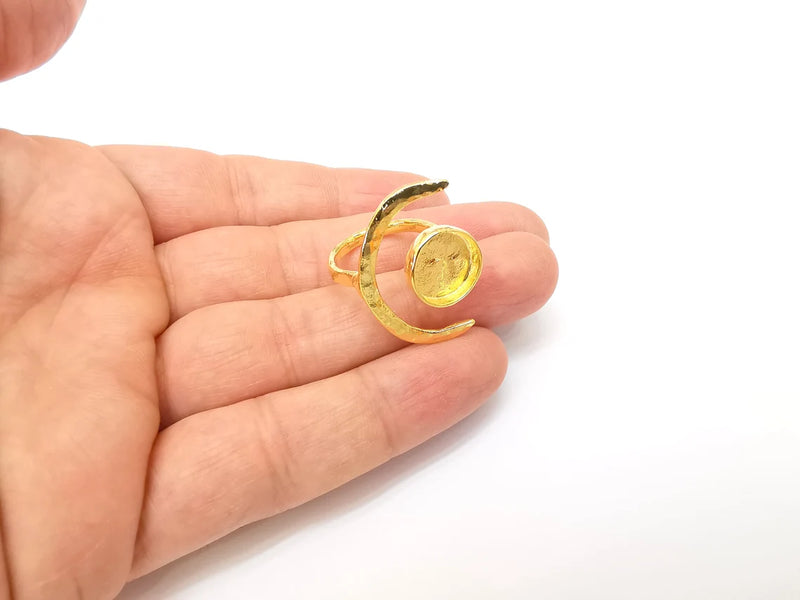 Gold Ring Crescent Setting, Moon Ring Blank, Resin Bezel, Celestial Ring Mounting, Epoxy Frame, Adjustable Antique Gold Plated 12mm G35588