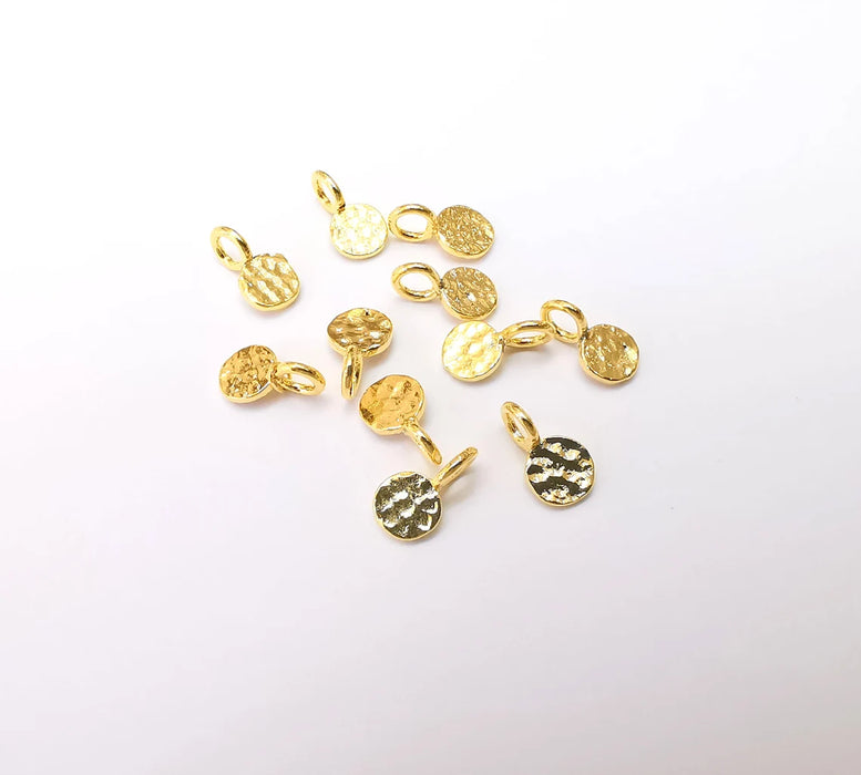 10 Hammered Stamping Tag Charms, Shiny Gold Plated Charms, Jewelry Parts, Hammered Bracelet Component, Shiny Gold Plated Brass (6mm) G35725