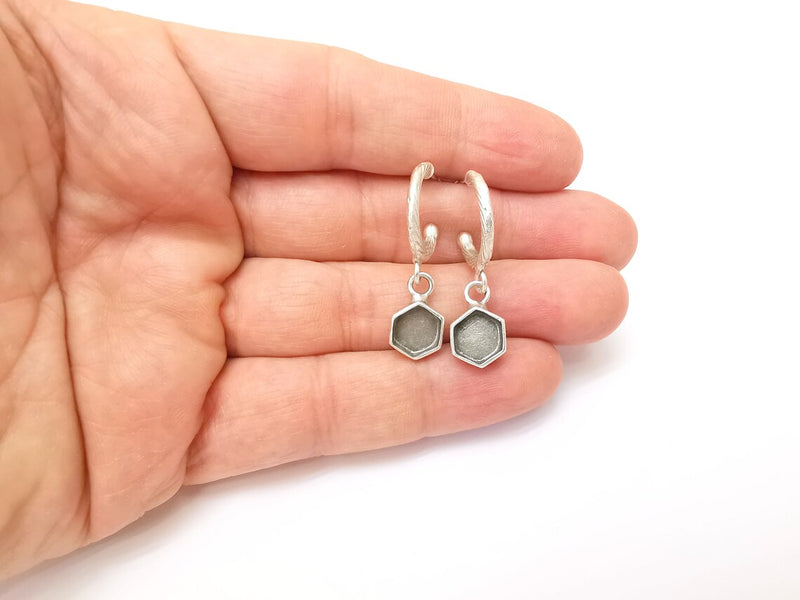 Earring Stud Base, Hexagon Earring Blank, Ear Settings Resin Bezel, Cabochon Mounting, Antique Silver Plated Brass (8mm blanks) G35590