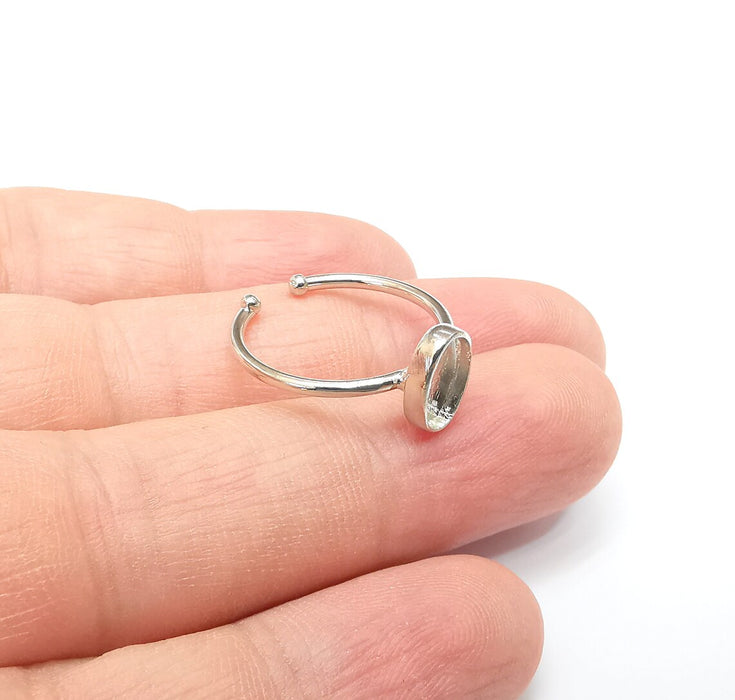 Shiny Silver Oval Ring Setting, Cabochon Blank, Resin Bezel, Ring Mounting, Epoxy Frame Base, Adjustable Rhodium Plated Brass 9x6mm G35903