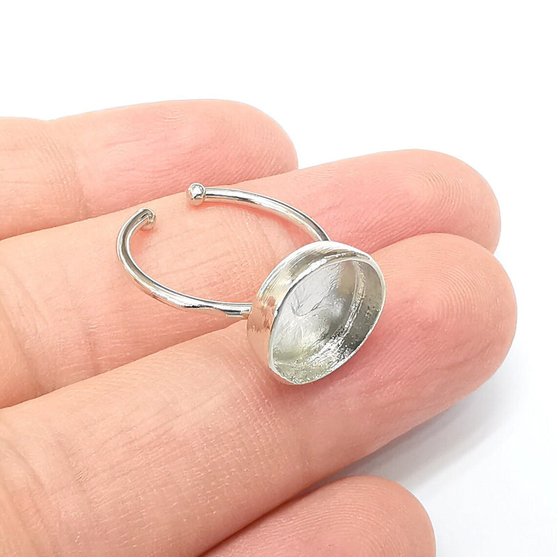 Shiny Silver Round Ring Setting, Cabochon Blank, Resin Bezel, Ring Mounting, Epoxy Frame Base, Adjustable Rhodium Plated Brass 12mm G35907