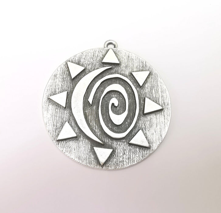 Silver Sun Pendant, Summer Pendant, Medallion Pendant, Silver Locket Pendant, Large Necklace Parts, Antique Silver Plated 61x55mm G35942