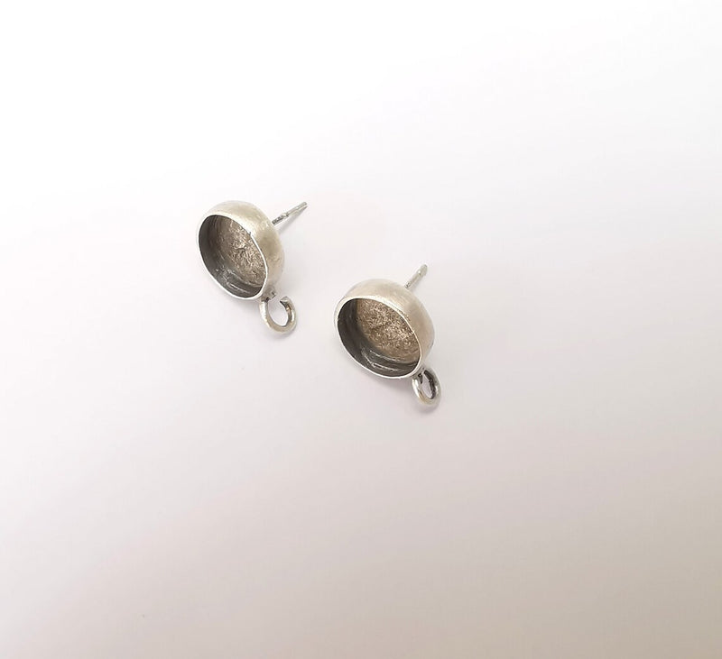 Earring Stud Base Blank with Loop, Earring Post, Ear Setting Resin Bezel, Cabochon Mounting, Antique Silver Plated Brass (10mm blank) G35968