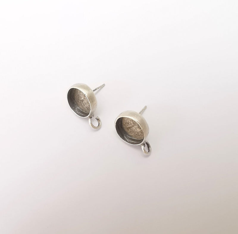 Earring Stud Base Blank with Loop, Earring Post, Ear Setting Resin Bezel, Cabochon Mounting, Antique Silver Plated Brass (10mm blank) G35968