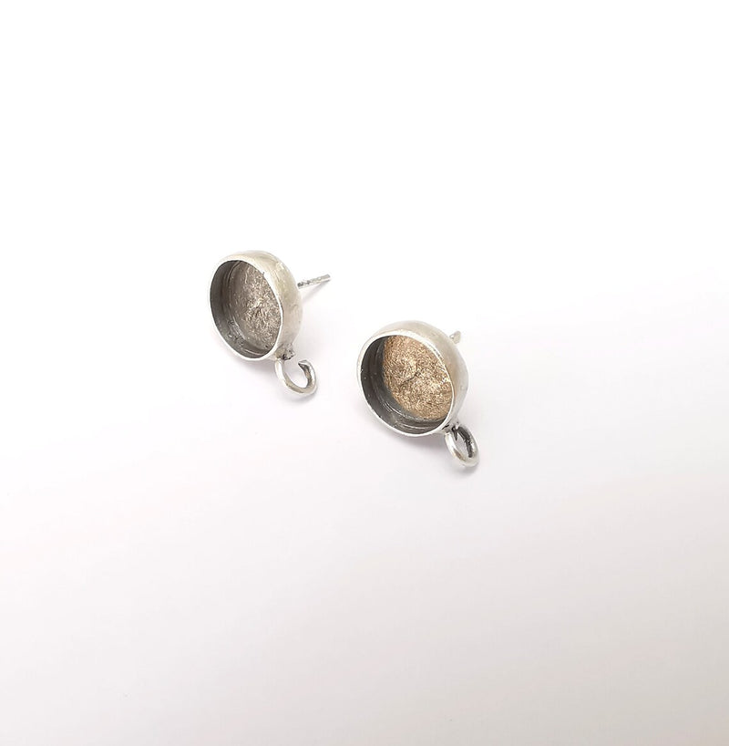 Earring Stud Base Blank with Loop, Earring Post, Ear Setting Resin Bezel, Cabochon Mounting, Antique Silver Plated Brass (10mm blank) G35968