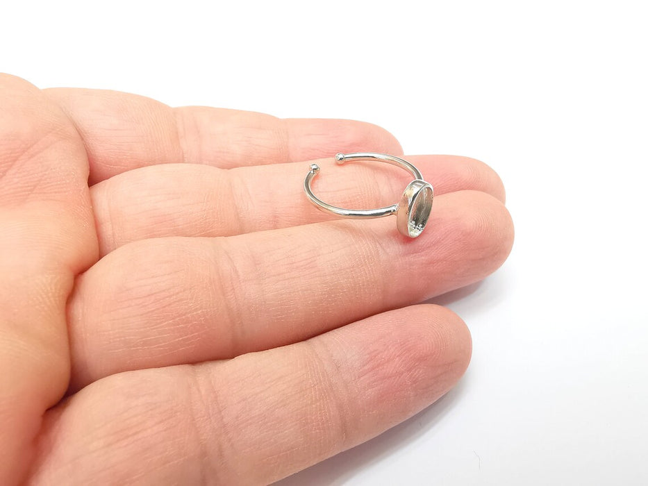 Shiny Silver Oval Ring Setting, Cabochon Blank, Resin Bezel, Ring Mounting, Epoxy Frame Base, Adjustable Rhodium Plated Brass 9x6mm G35903