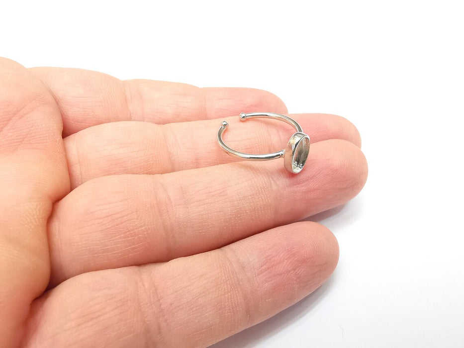 Shiny Silver Oval Ring Setting, Cabochon Blank, Resin Bezel, Ring Mounting, Epoxy Frame Base, Adjustable Rhodium Plated Brass 9x6mm G35903