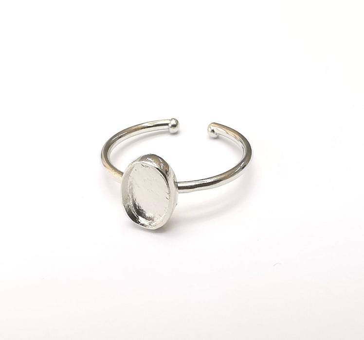 Shiny Silver Oval Ring Setting, Cabochon Blank, Resin Bezel, Ring Mounting, Epoxy Frame Base, Adjustable Rhodium Plated Brass 9x6mm G35903