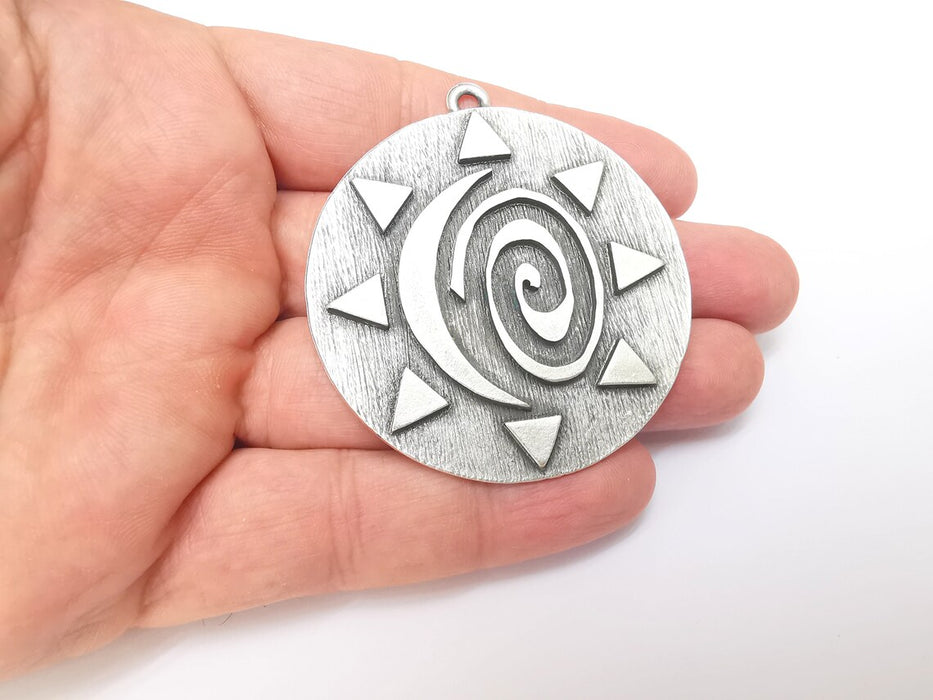 Silver Sun Pendant, Summer Pendant, Medallion Pendant, Silver Locket Pendant, Large Necklace Parts, Antique Silver Plated 61x55mm G35942