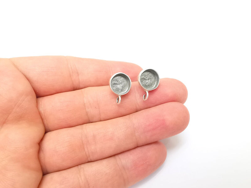 Earring Stud Base Blank with Loop, Earring Post, Ear Setting Resin Bezel, Cabochon Mounting, Antique Silver Plated Brass (10mm blank) G35968