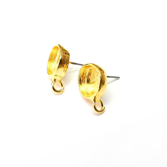 Earring Stud Base Blank with Loop, Earring Post, Ear Setting Resin Bezel, Cabochon Mounting, Shiny Gold Plated Brass (10mm blank) G36123