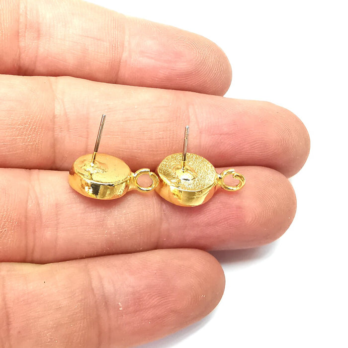 Earring Stud Base Blank with Loop, Earring Post, Ear Setting Resin Bezel, Cabochon Mounting, Shiny Gold Plated Brass (10mm blank) G36123