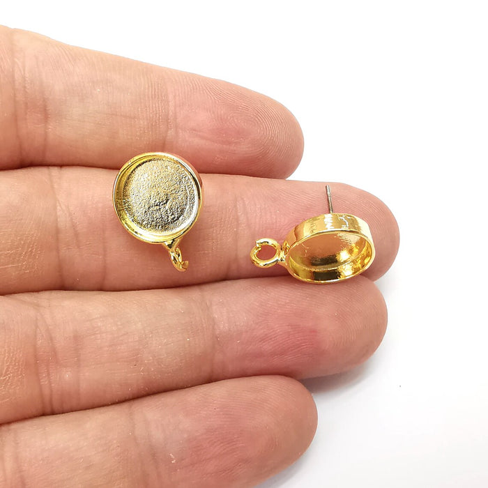 Earring Stud Base Blank with Loop, Earring Post, Ear Setting Resin Bezel, Cabochon Mounting, Shiny Gold Plated Brass (12mm blank) G36116