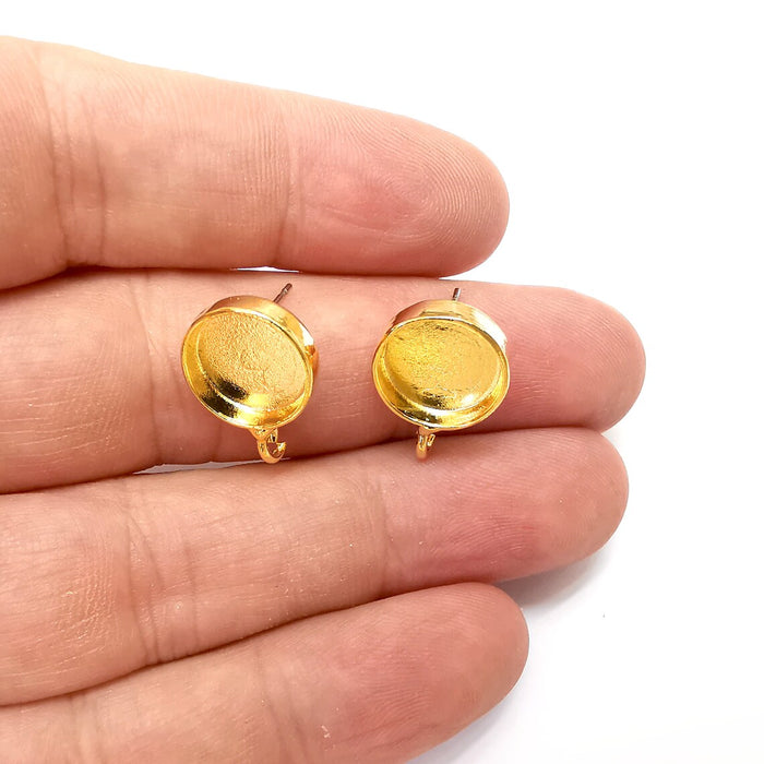 Earring Stud Base Blank with Loop, Earring Post, Ear Setting Resin Bezel, Cabochon Mounting, Shiny Gold Plated Brass (12mm blank) G36116