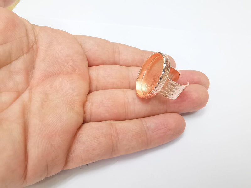 Rose Gold Ring Blank Setting Cabochon Base inlay Ring Hammered Mounting Adjustable Ring Bezel (25x18mm blank ) Rose Gold Plated Metal G36124