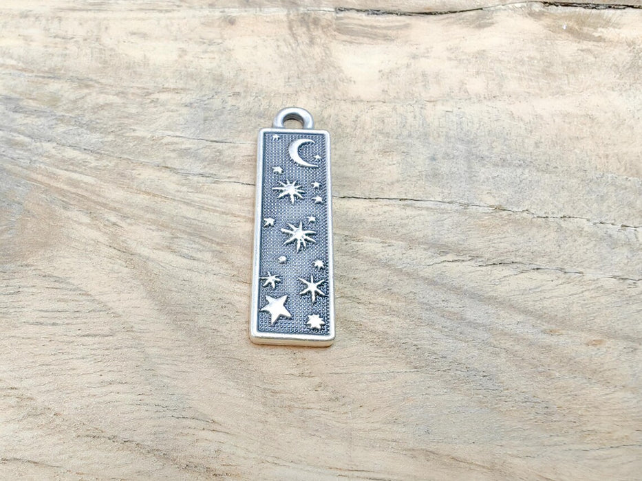 Celestial Moon and Star Charms, Cosmic Pendant, Earring Charms, Night Sky Boho Charms, Antique Silver Plated Zamac 33x9mm G36601