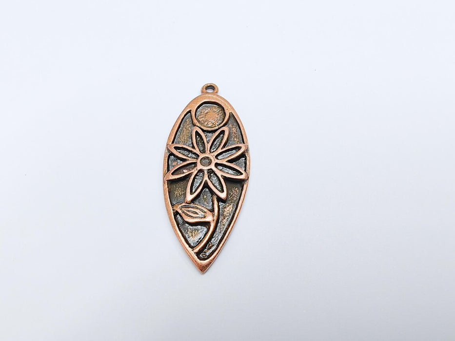 Copper Flower Charms, Boho Charms, Earring Charms, Copper Dangle Pendant, Necklace Parts, Antique Copper Plated 46x19mm G36674