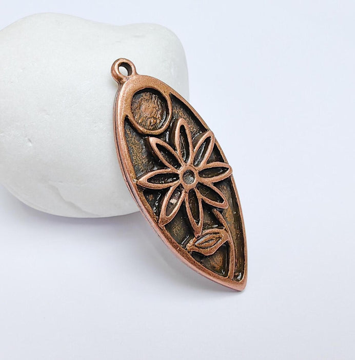 Copper Flower Charms, Boho Charms, Earring Charms, Copper Dangle Pendant, Necklace Parts, Antique Copper Plated 46x19mm G36674