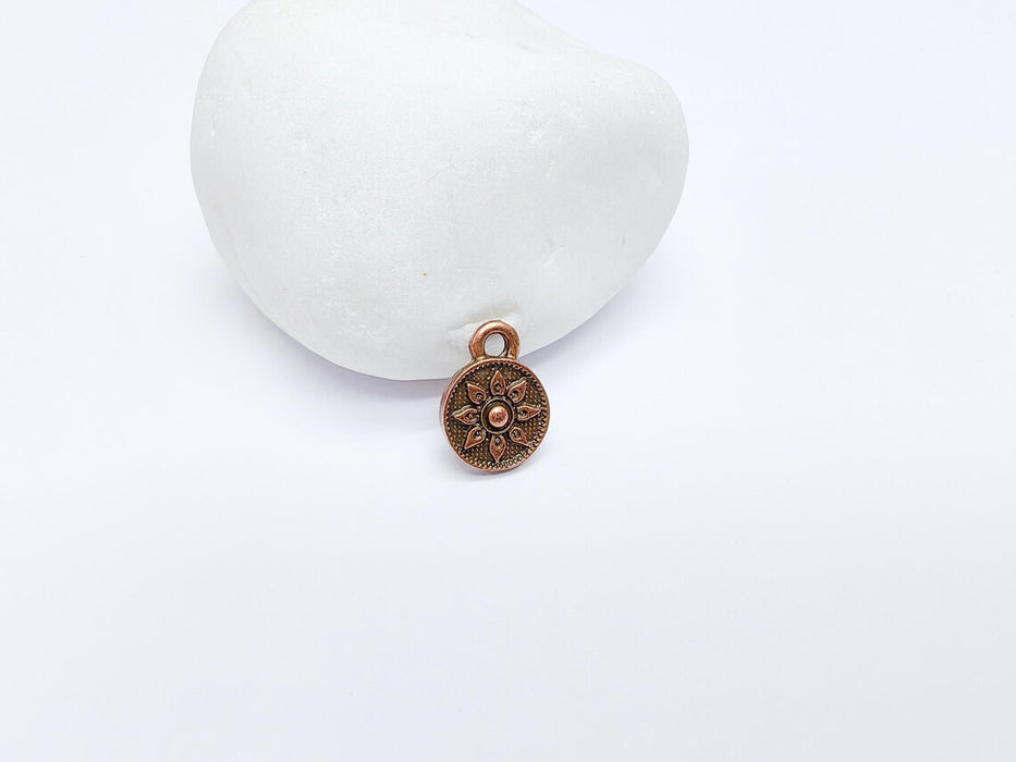 4 Copper Round Flower Charm, Earring Charms, Dangle Bracelet Charms, Necklace Parts, Antique Copper Plated 13x10mm G36675