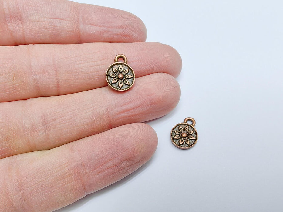 4 Copper Round Flower Charm, Earring Charms, Dangle Bracelet Charms, Necklace Parts, Antique Copper Plated 13x10mm G36675