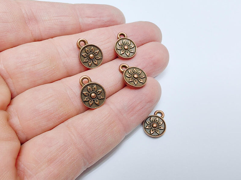 4 Copper Round Flower Charm, Earring Charms, Dangle Bracelet Charms, Necklace Parts, Antique Copper Plated 13x10mm G36675