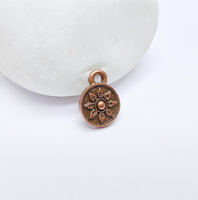 4 Copper Round Flower Charm, Earring Charms, Dangle Bracelet Charms, Necklace Parts, Antique Copper Plated 13x10mm G36675