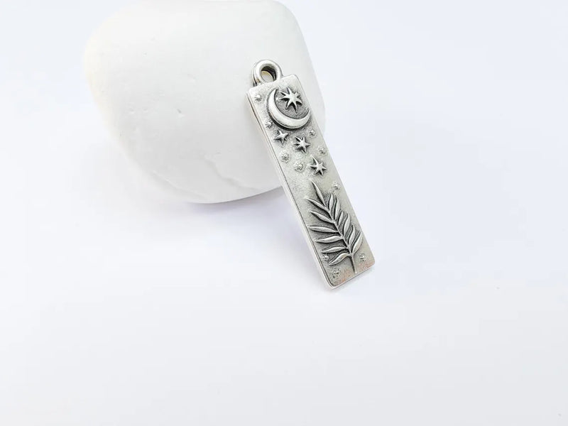 Moon and Stars Plant Charms, Crescent Earring Charms, Celestial and Nature Inspired Charm, Antique Silver Plated 39x10mm G36726