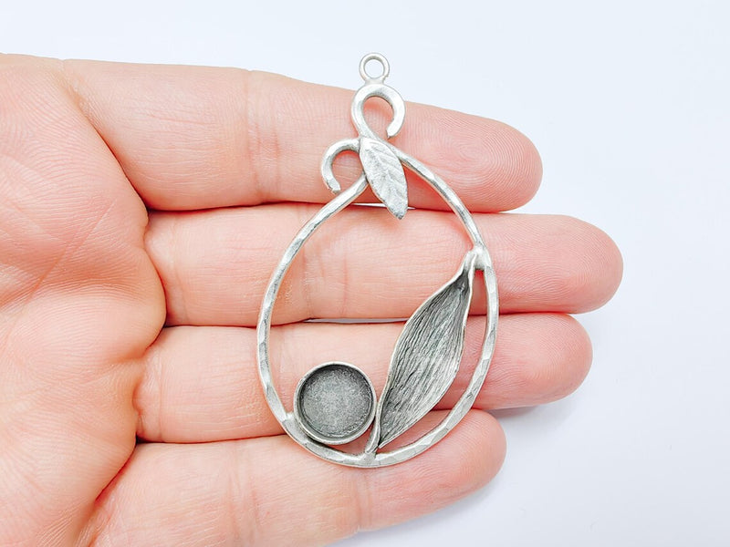 Leaf Pendant Bezel, Cabochon Blank, Locket Pendant Base, inlay Mounting, Resin Necklace, Antique Silver Plated Brass 12mm G36794