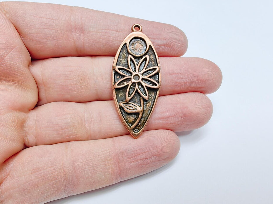 Copper Flower Charms, Boho Charms, Earring Charms, Copper Dangle Pendant, Necklace Parts, Antique Copper Plated 46x19mm G36674